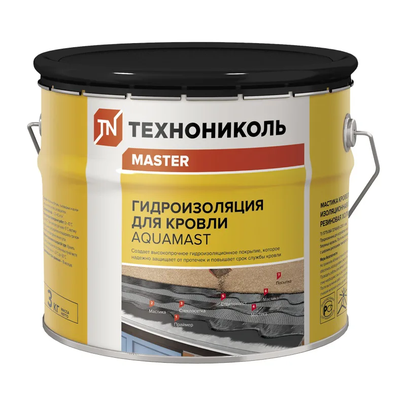 Мастика битумно-резиновая Технониколь АкваМаст гидроизоляционная для кровли, 3 кг