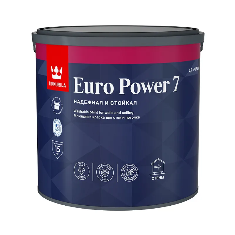 Краска моющаяся Tikkurila/Tikkivala Euro Power 7 основа С матовая (2,7 л)