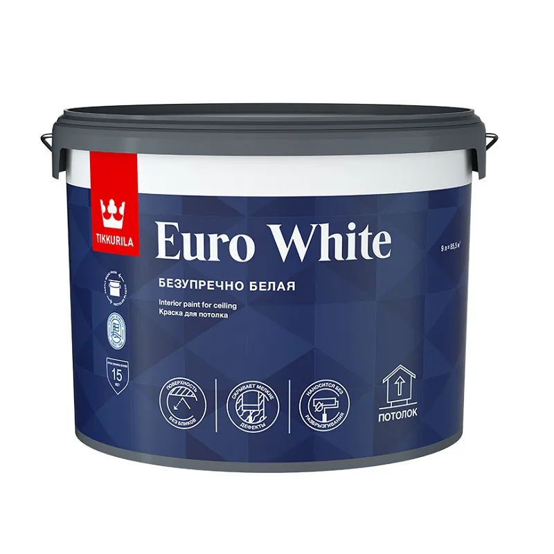 Краска для потолка Tikkurila/Tikkivala Euro White белая глубокоматовая (9 л)