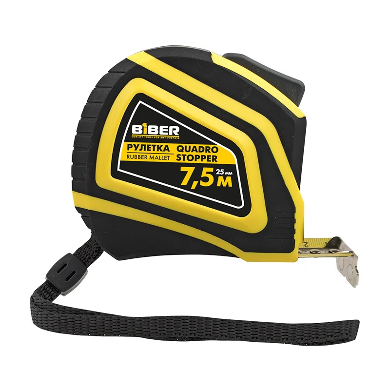 Рулетка Biber 40137 Quadro Stopper Профи, автофиксация, магнитный зацеп, 7,5 м/25 мм