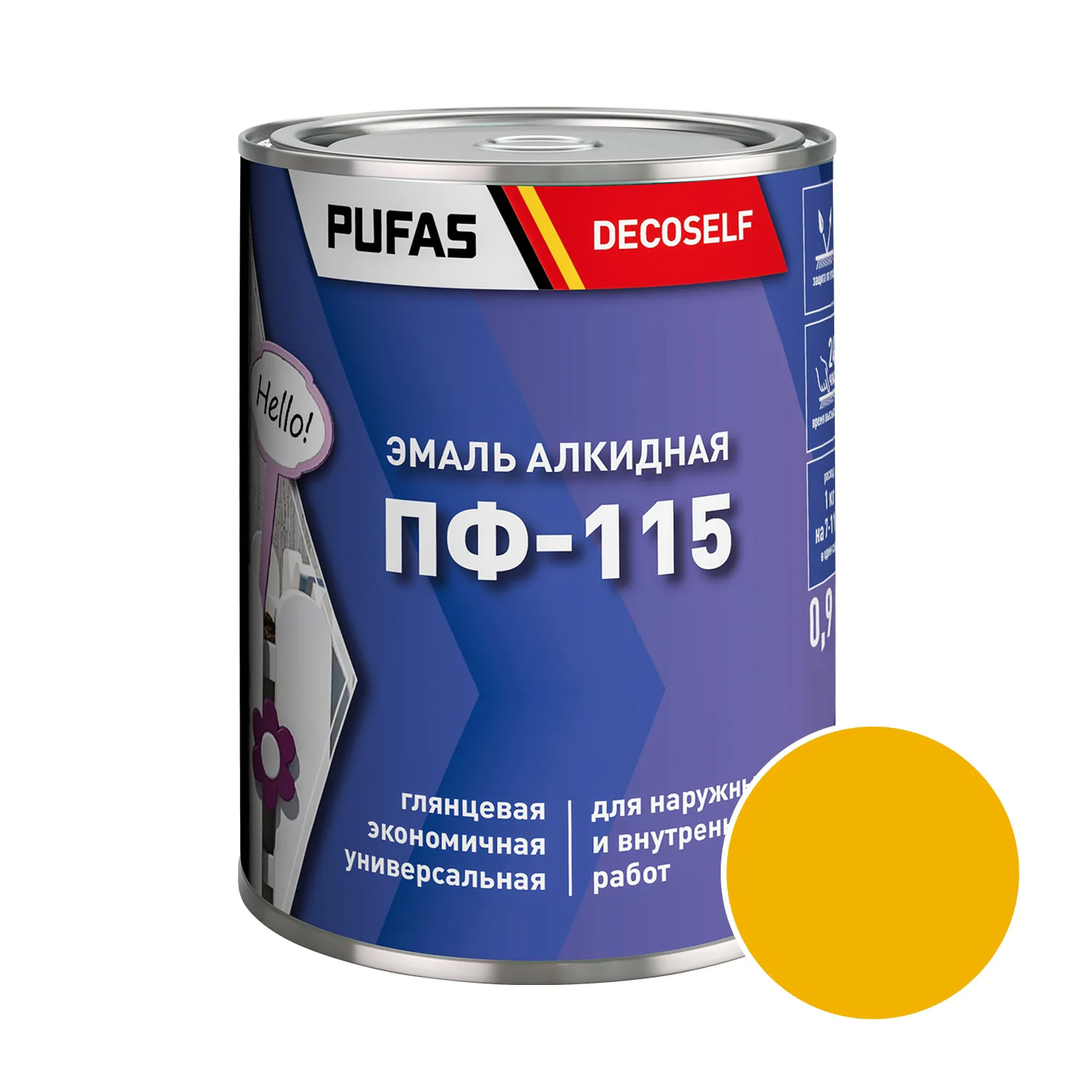 Эмаль Pufas Decoself ПФ-115 желтая (0,9 кг)